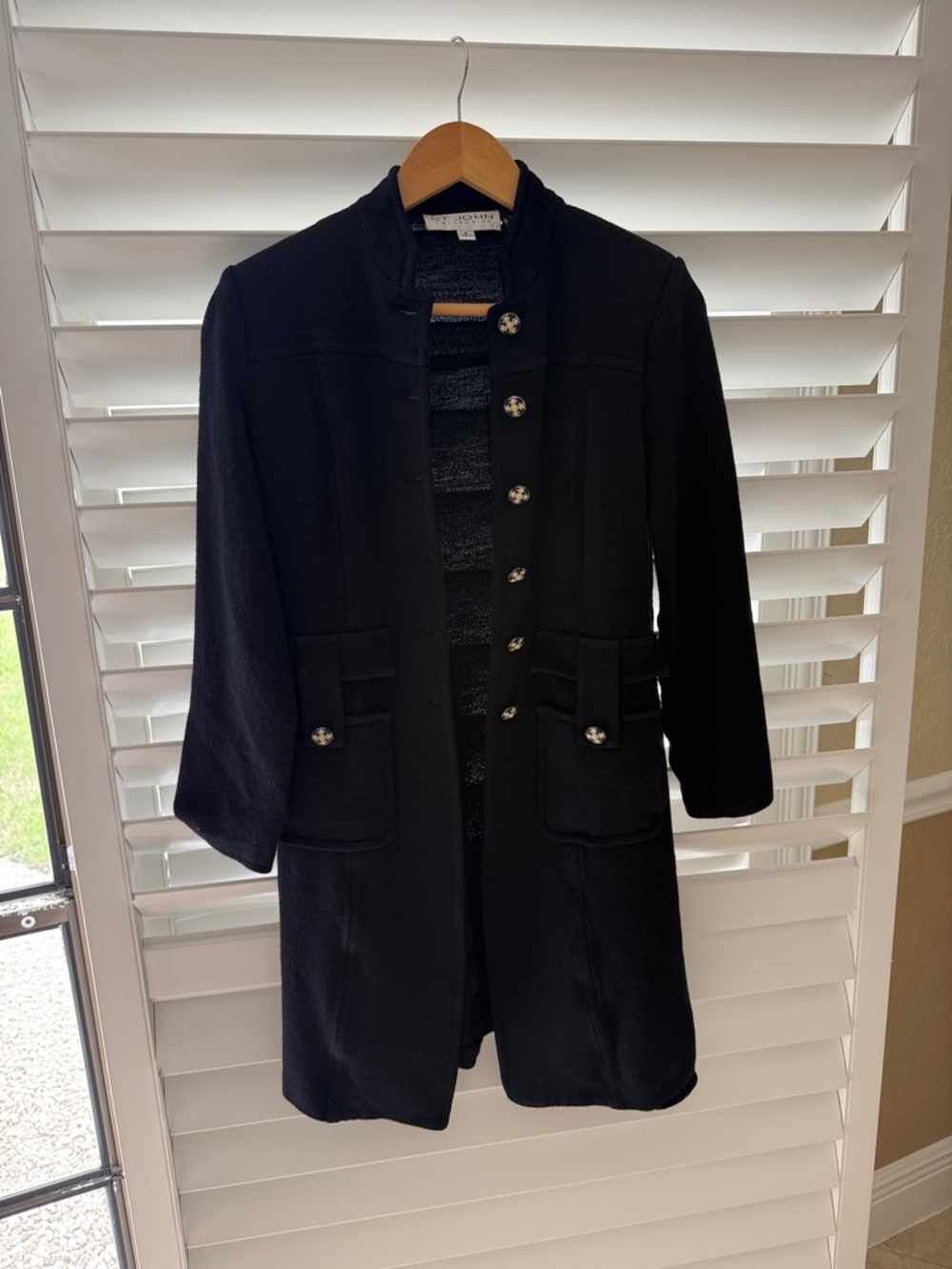 St. John Black Long Cardigan Jacket with Decorative Buttons